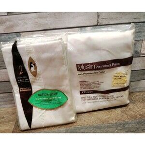 Vtg JCPENNY Muslin Permanent Press  Full Fitted Sheet & 2 Pillowcases White  NEW